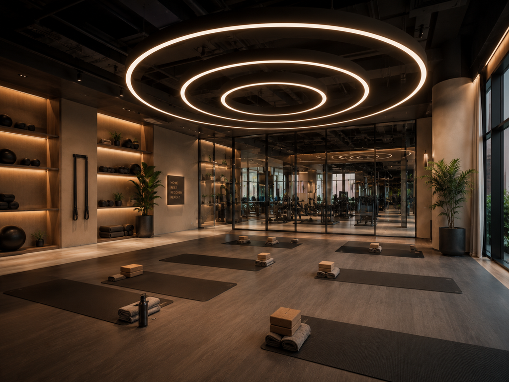 LED Shape Pendant Light Yoga Studio Application - concentric ring circular pendant lights warm white glow yoga mats on floor serene studio environment