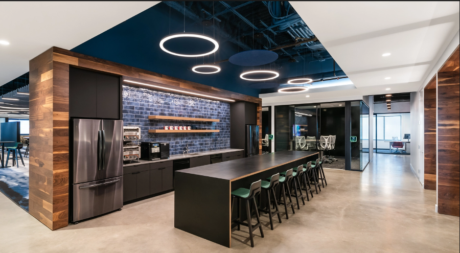 LED Shape Pendant Light Office Breakroom Application - circular ring pendant lights black finish modern office kitchen breakroom dark ceiling warm neutral lighting