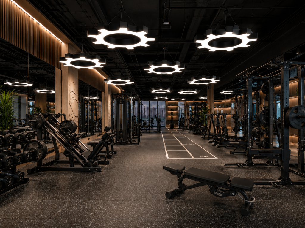LED Shape Pendant Light Gym Application - gear-shaped custom pendant lights on dark ceiling luxury fitness center gym equipment weight racks warm white illumination