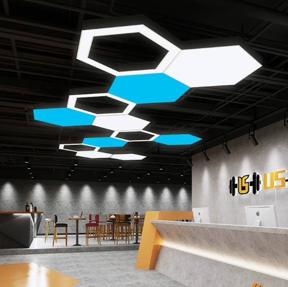LED Shape Pendant Light Gym Retail Application - hexagonal panel pendant lights white and blue color gym reception area fitness center commercial lighting