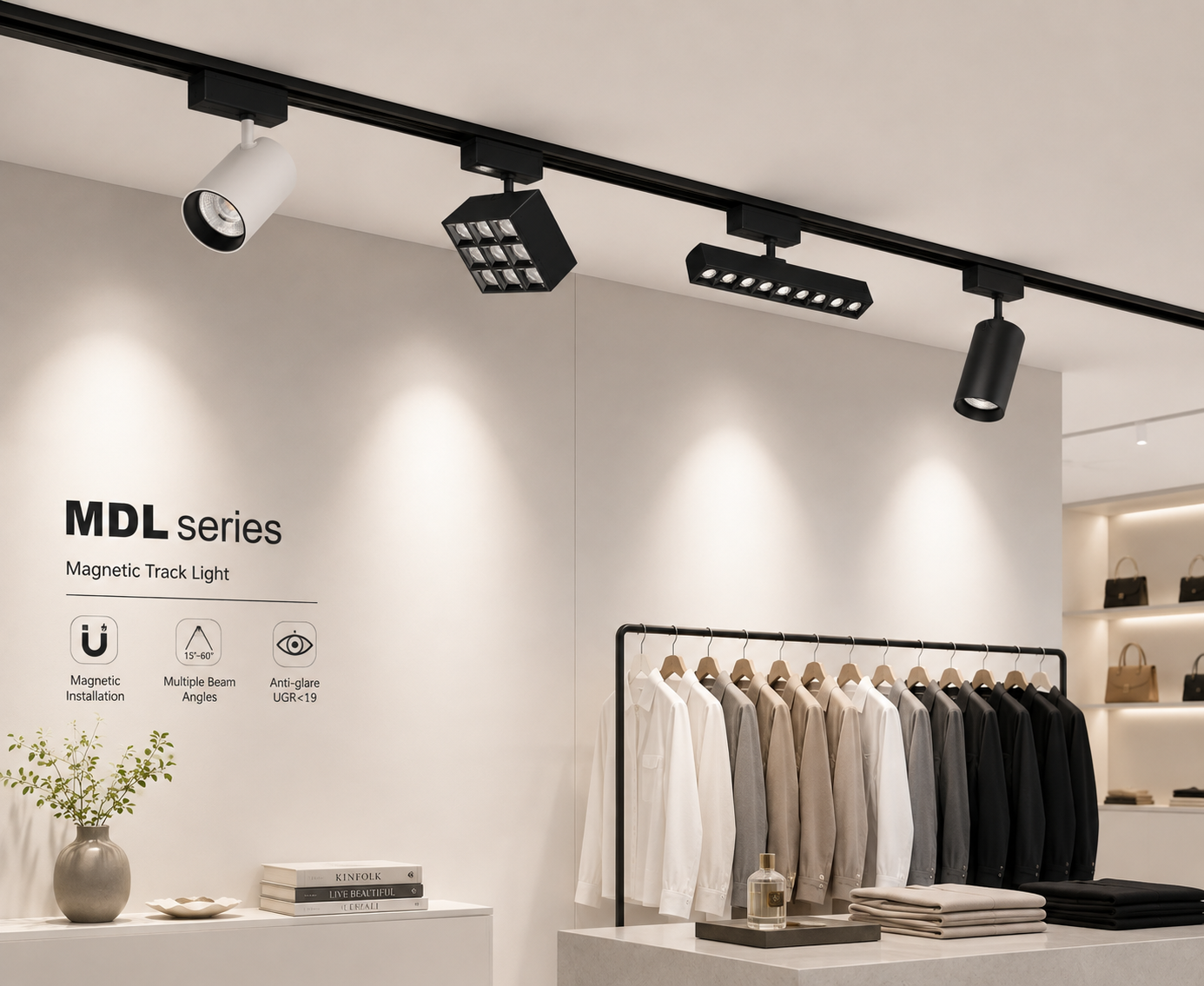 MDL Series Application - luxury fashion retail store with black magnetic track system white cylinder spotlight black square grille and black linear grille on track Magnetic Installation Multiple Beam Angles Anti-glare UGR<19