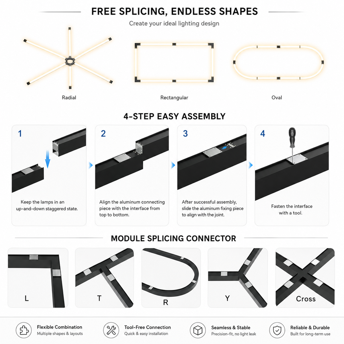 Modular Linear Light Free Splicing Endless Shapes - radial rectangular oval 4-step easy assembly L T R Y Cross module splicing connectors flexible combination tool-free seamless stable reliable durable