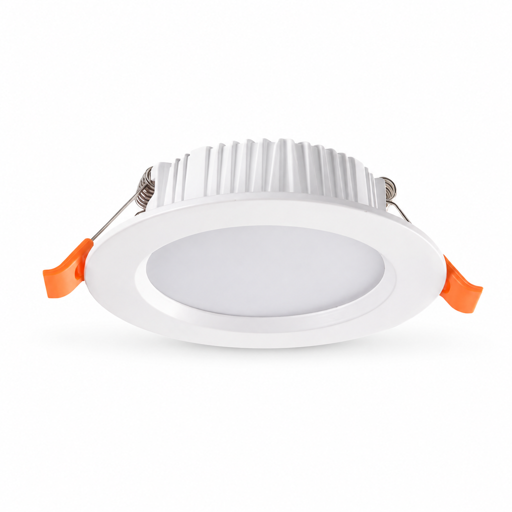 HDL Series slim recessed downlight - white frame top view with frosted diffuser and orange spring clips