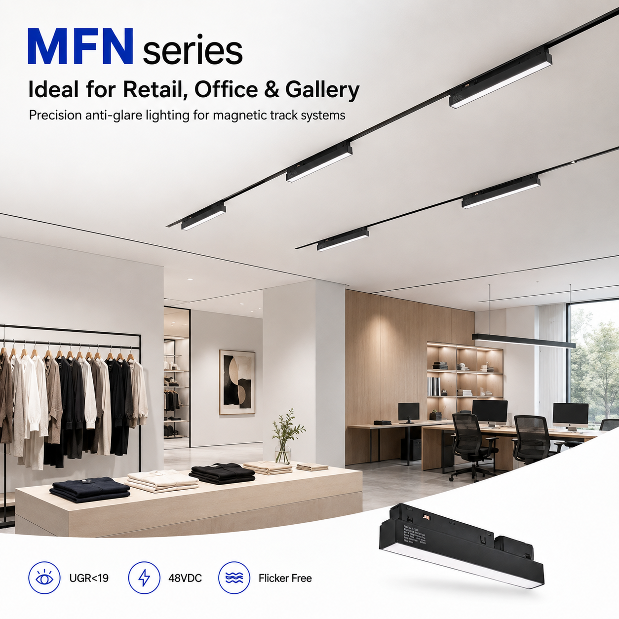 MFN Series Ideal for Retail Office Gallery - precision anti-glare lighting for magnetic track systems black linear modules on white ceiling in fashion retail and office space