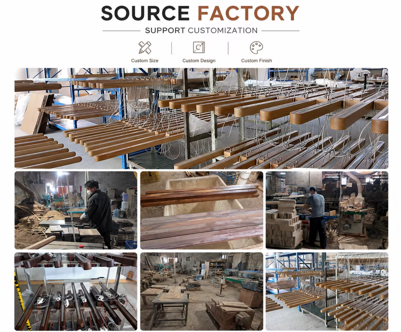 Wooden Linear Pendant Lamp Factory Real Shots - production line wooden linear pendant lamps hanging drying varnish coating factory floor workers woodworking machinery