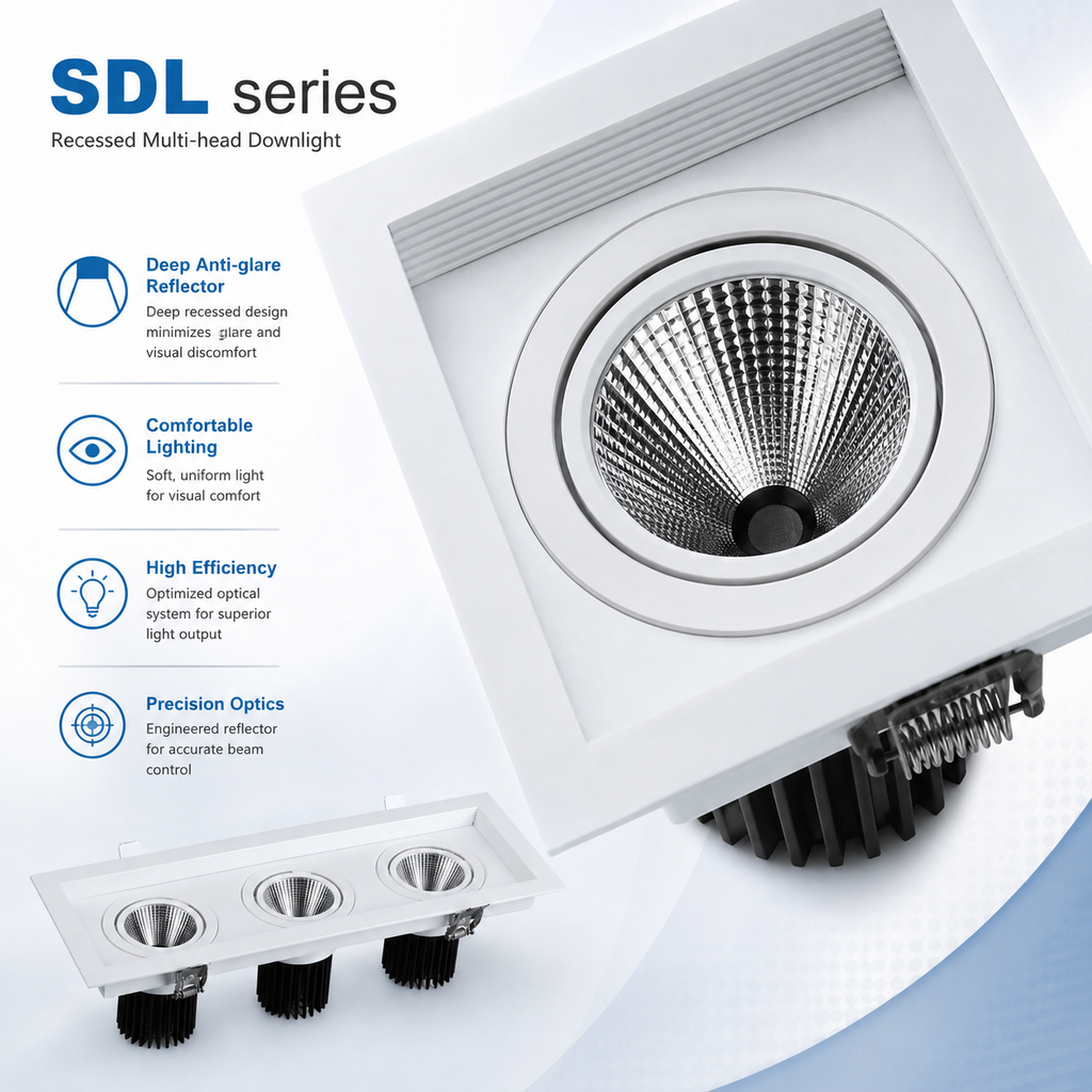 SDL Series - Deep Anti-glare Reflector Comfortable Lighting High Efficiency Precision Optics single head close-up with 3-head below