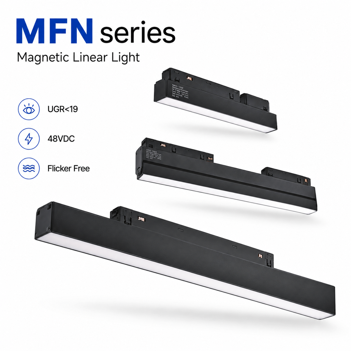 MFN Series Magnetic Linear Light - three sizes L300 L600 L900mm black body UGR<19 48VDC Flicker Free hero product shot on white background