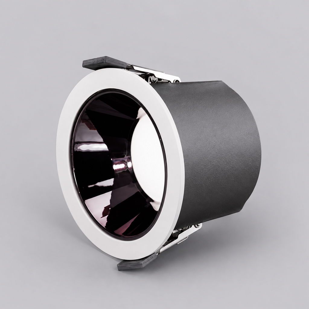 GDL Series deep anti-glare recessed downlight - black baffle body with spring clips side view