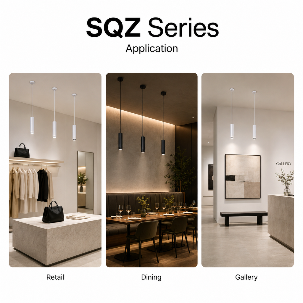 SQZ Series Applications - Retail fashion boutique with white pendant spotlights Dining restaurant with black pendant spotlights Gallery art space with white pendant spotlight