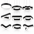 LED Shape Pendant Light Series - 9 customizable geometric shapes circle disc ring gear triangle square hexagon V-shape C-shape Y-shape black aluminum acrylic pendant lights white background product overview