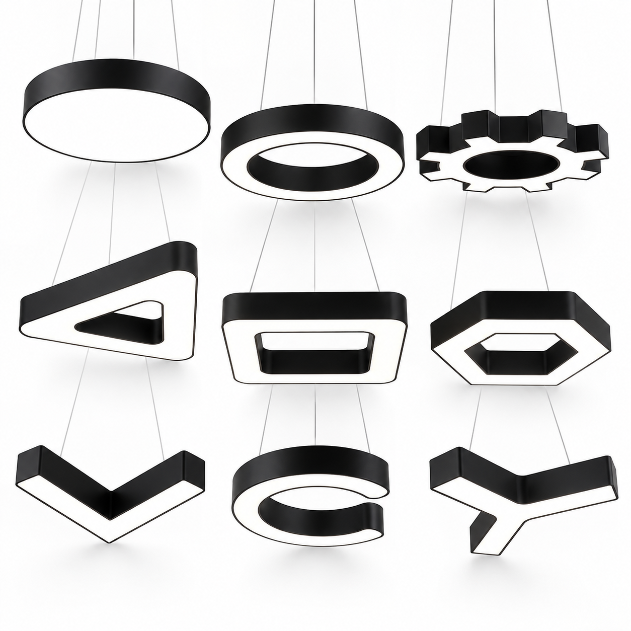 LED Shape Pendant Light Series - 9 customizable geometric shapes circle disc ring gear triangle square hexagon V-shape C-shape Y-shape black aluminum acrylic pendant lights white background product overview