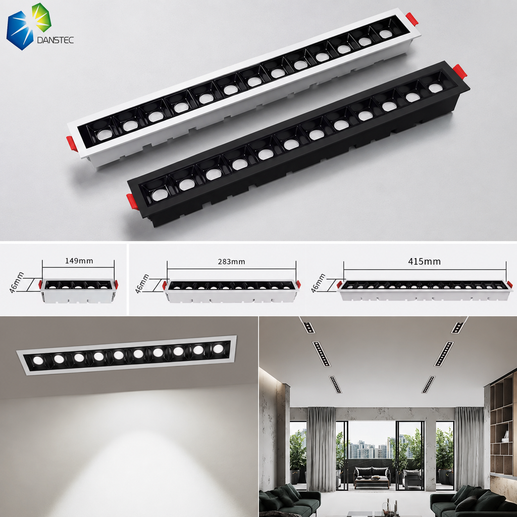 LDL Series - white and black frame 30W version with dimension drawings and living room installation scene