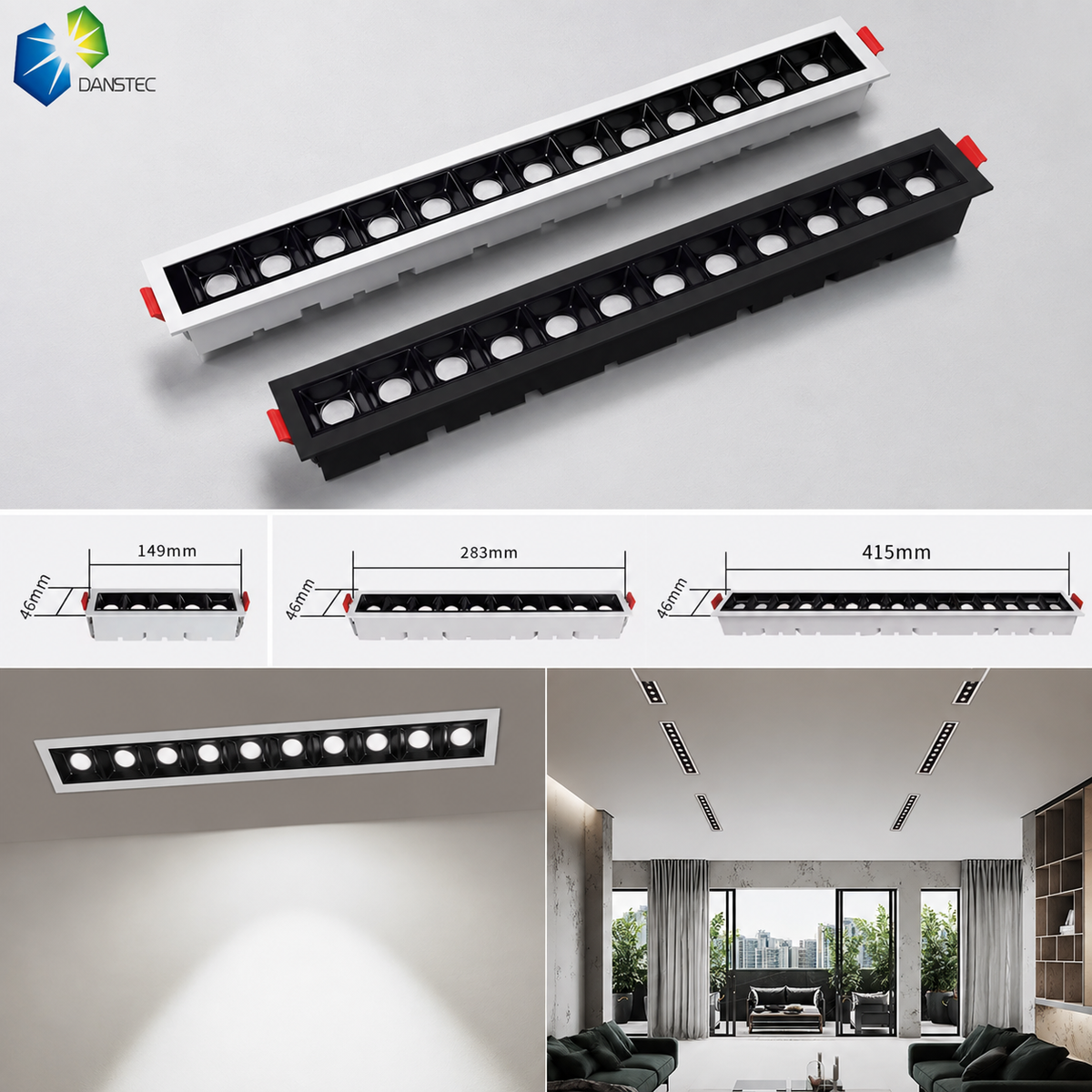 LDL Series - white and black frame 30W version with dimension drawings and living room installation scene