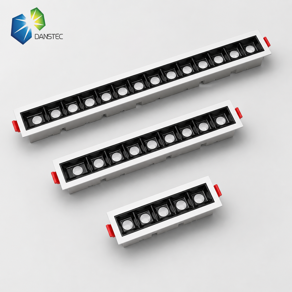 LDL Series linear anti-glare recessed grille light - three sizes white frame black baffle multi-spot array product view