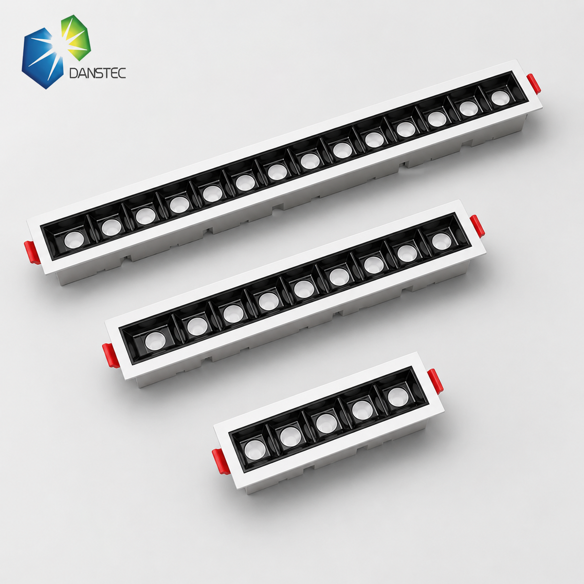 LDL Series linear anti-glare recessed grille light - three sizes white frame black baffle multi-spot array product view