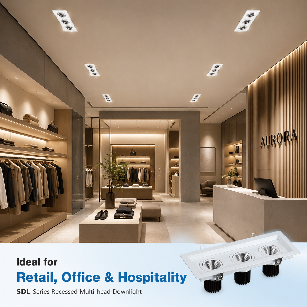 SDL Series - Ideal for Retail Office and Hospitality luxury store ceiling installation with multiple 3-head units