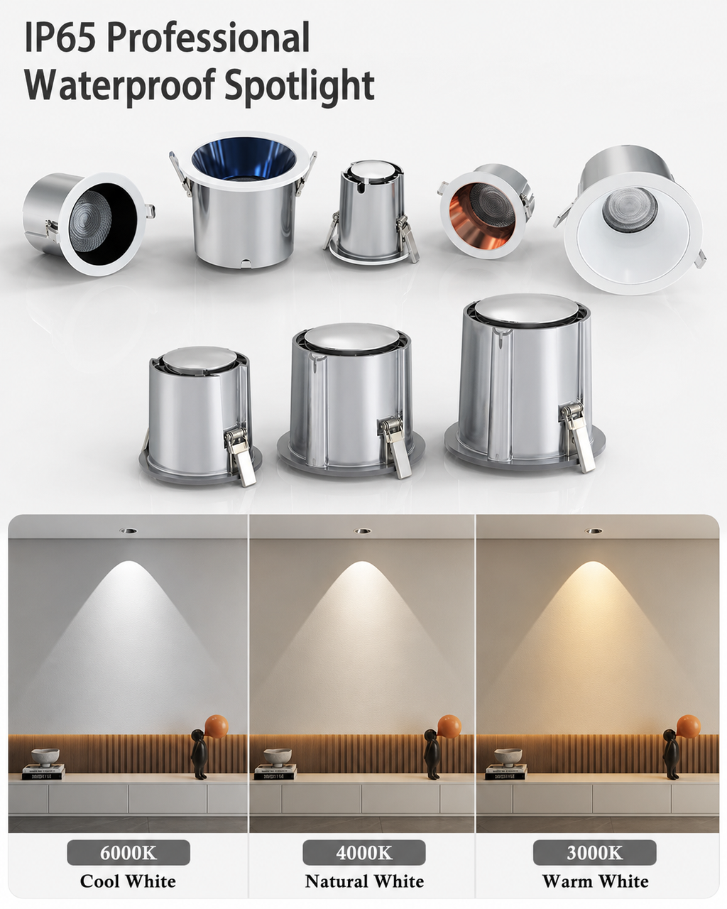 XDL Series - IP65 Professional Waterproof Spotlight full product range with 6000K Cool White 4000K Natural White 3000K Warm White CCT comparison