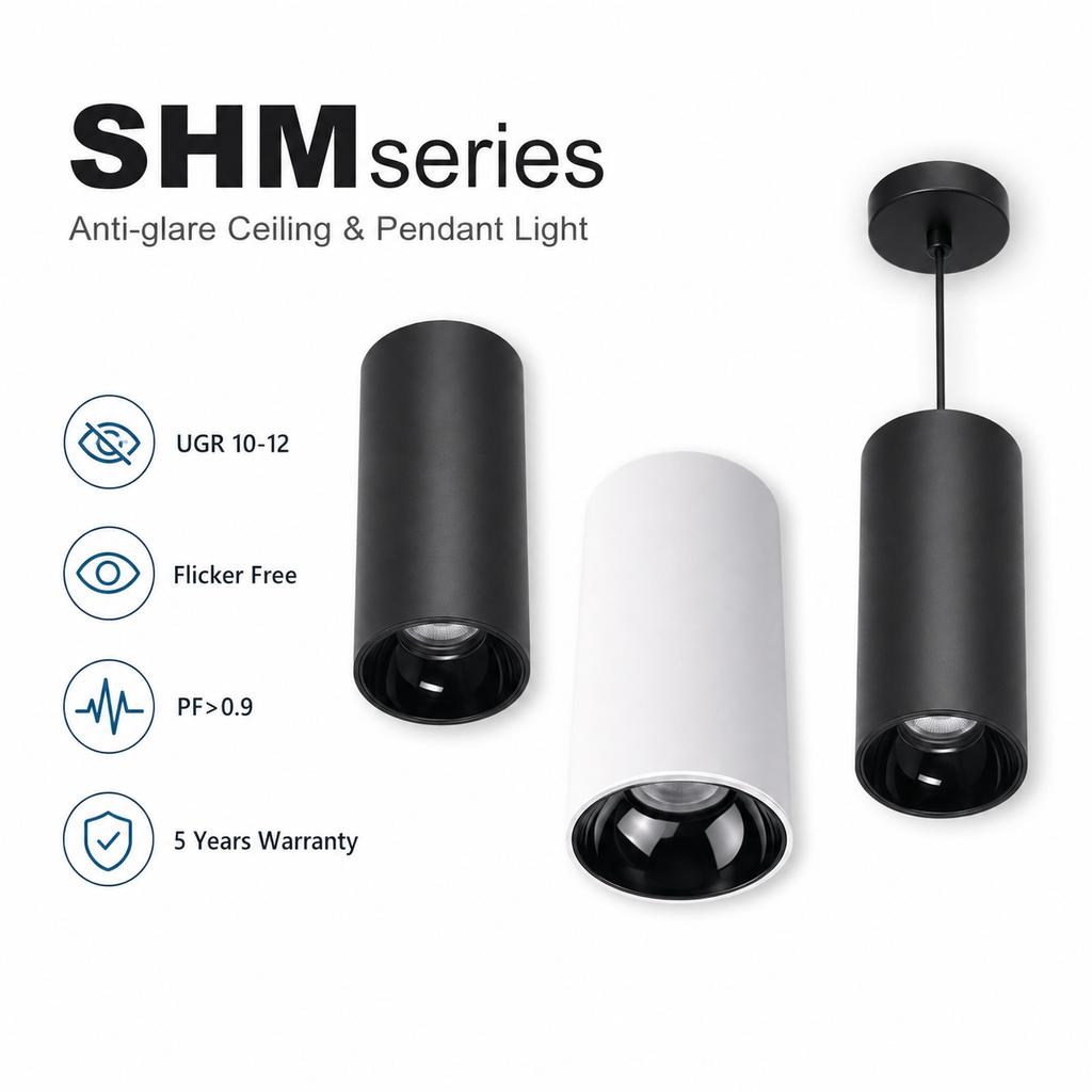SHM Series Anti-glare Ceiling and Pendant Light - black surface-mounted white surface-mounted black pendant cylinder UGR 10-12 Flicker Free PF>0.9 5 Years Warranty