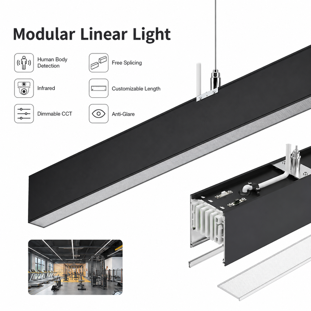 Modular Linear Light - black aluminum pendant light human body detection infrared dimmable CCT free splicing customizable length anti-glare gym fitness center application