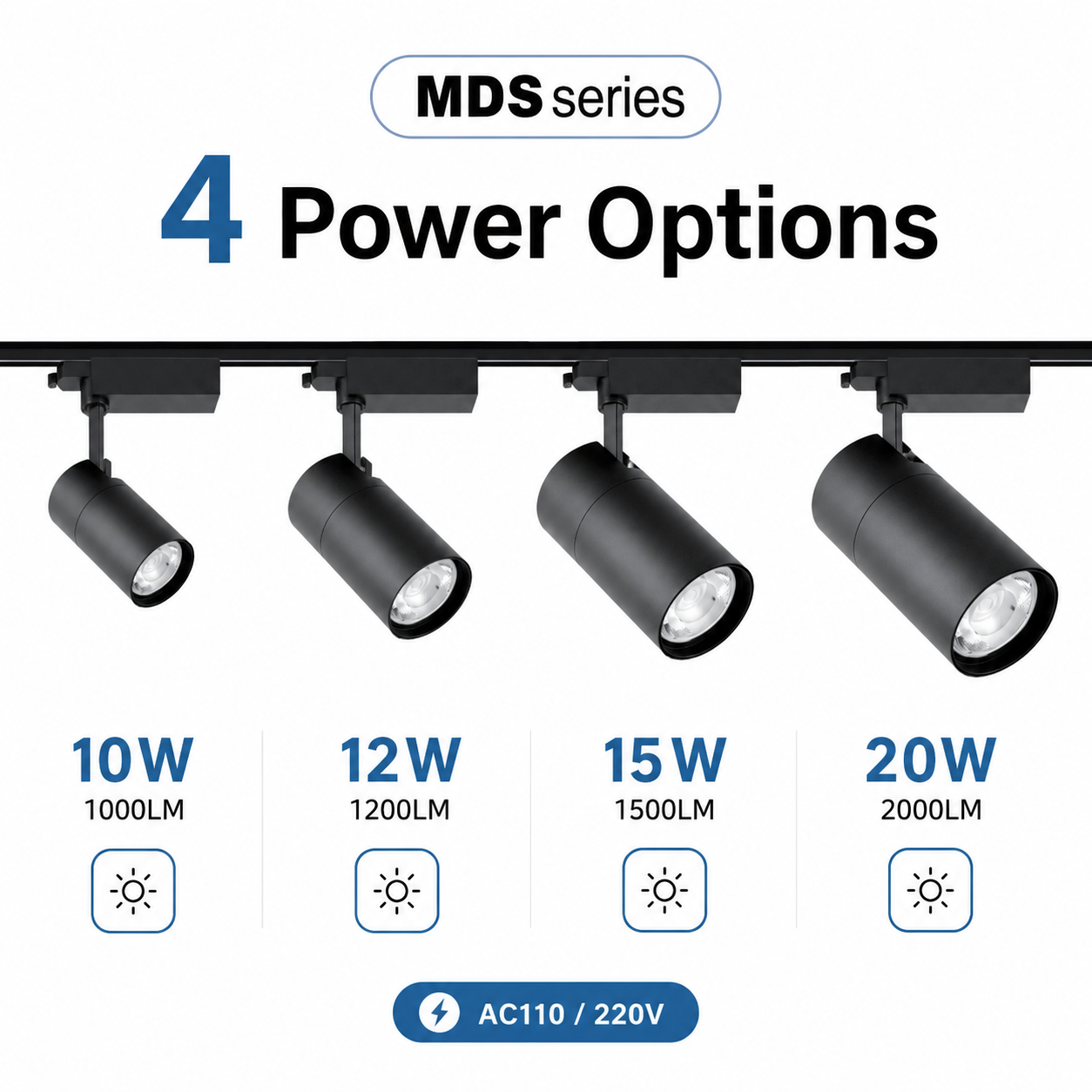 MDS Series 4 Power Options - 10W 1000LM 12W 1200LM 15W 1500LM 20W 2000LM four black cylinder track spotlights on black track AC110/220V