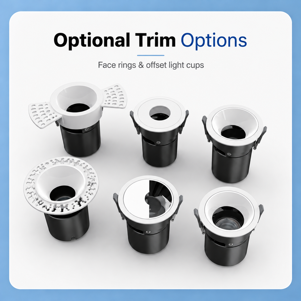 NDL Series Optional Trim Options - face rings and offset light cups six configurations showing pre-embedded ring and offset cup accessories
