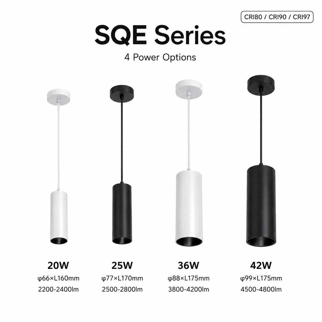 SQE Series 4 Power Options - 20W phi66xL160mm 2200-2400lm 25W phi77xL170mm 2500-2800lm 36W phi88xL175mm 3800-4200lm 42W phi99xL175mm 4500-4800lm CRI80 CRI90 CRI97 white and black variants