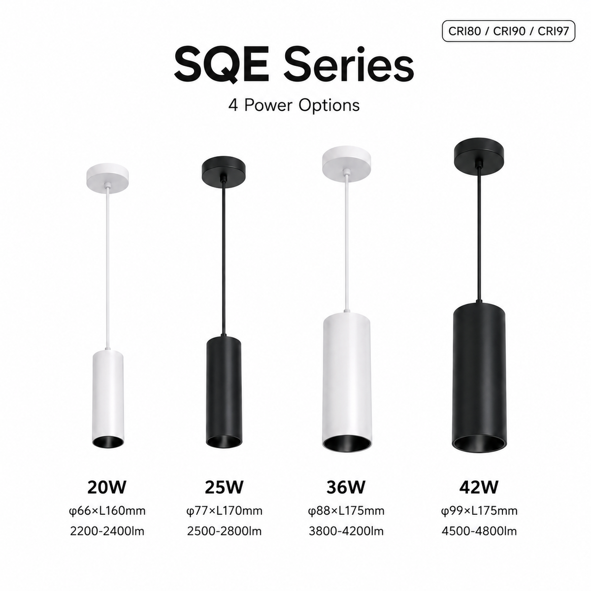 SQE Series 4 Power Options - 20W phi66xL160mm 2200-2400lm 25W phi77xL170mm 2500-2800lm 36W phi88xL175mm 3800-4200lm 42W phi99xL175mm 4500-4800lm CRI80 CRI90 CRI97 white and black variants