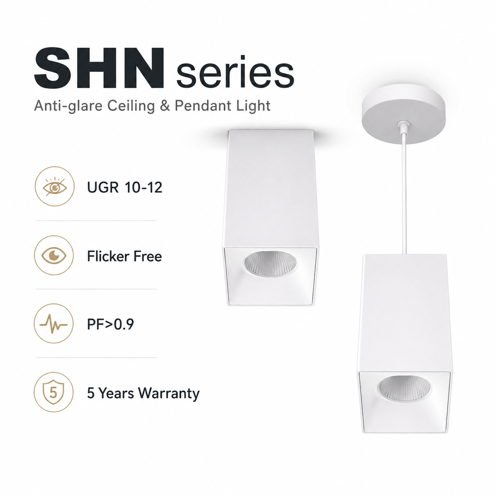 SHN Series Anti-glare Ceiling and Pendant Light - white square surface-mounted and pendant versions UGR 10-12 Flicker Free PF>0.9 5 Years Warranty