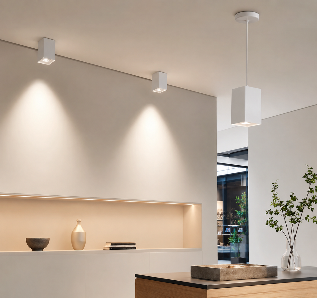 SHN Series Application - minimalist interior design showroom with white square surface-mounted spotlights on ceiling and white square pendant spotlight over reception desk warm 3000K
