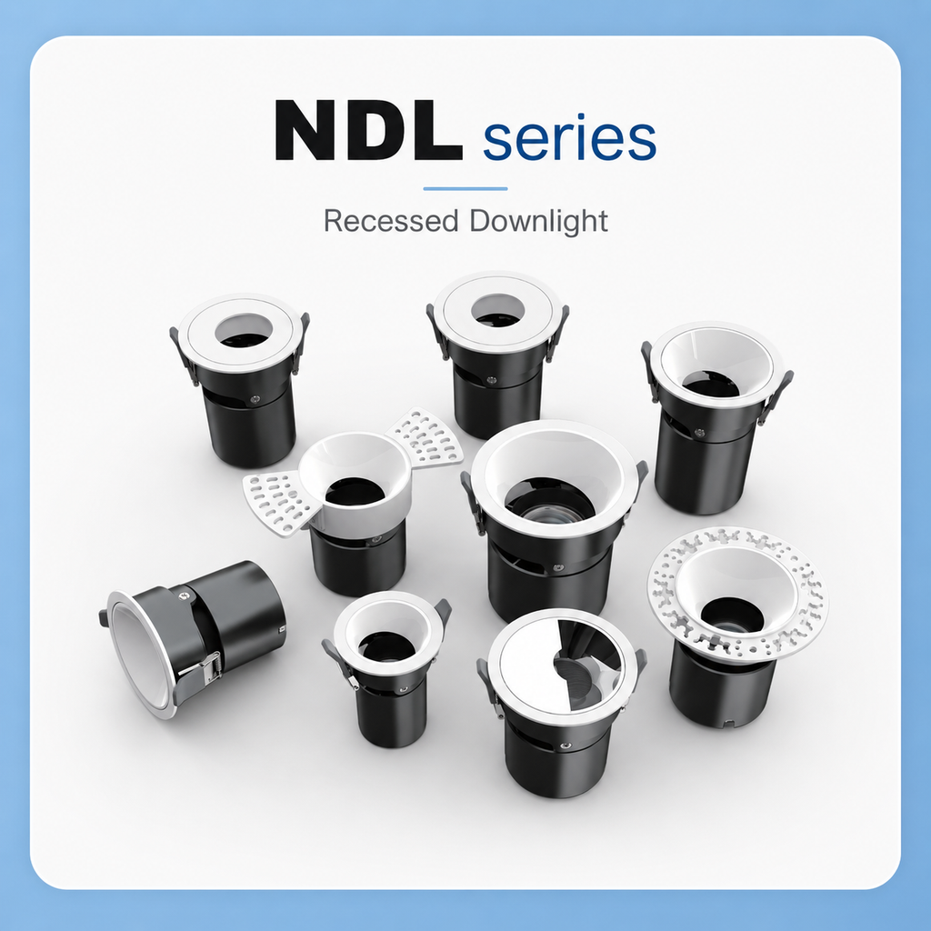 NDL Series full product range - all trim configurations and sizes including offset cups face rings and standard trims on white background