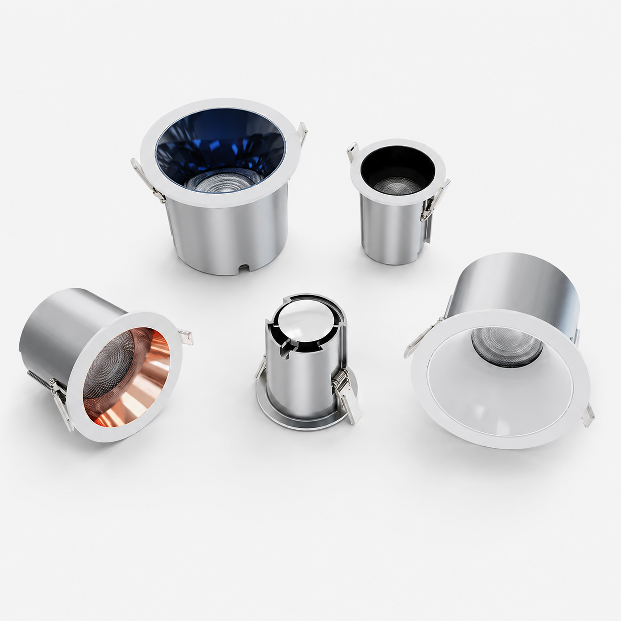 XDL Series brushed aluminum deep cylinder downlight - five variants showing blue black rose-gold silver and white reflector options with spring clips