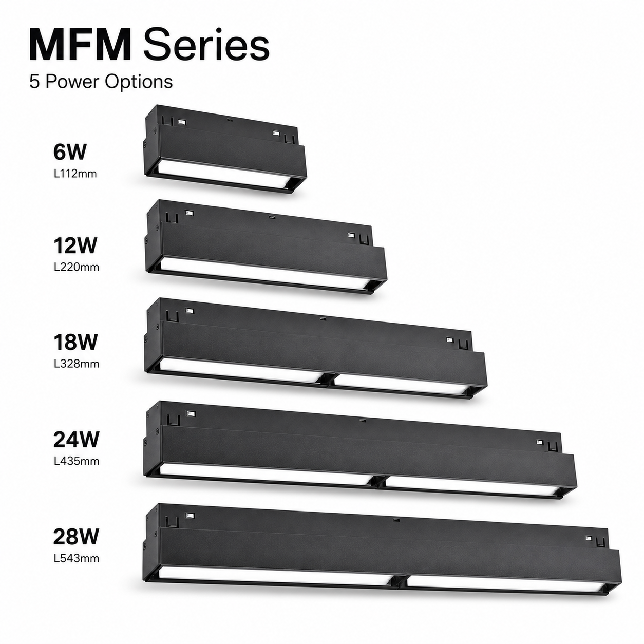 MFM Series 5 Power Options - 6W L112mm 12W L220mm 18W L328mm 24W L435mm 28W L543mm black body size comparison