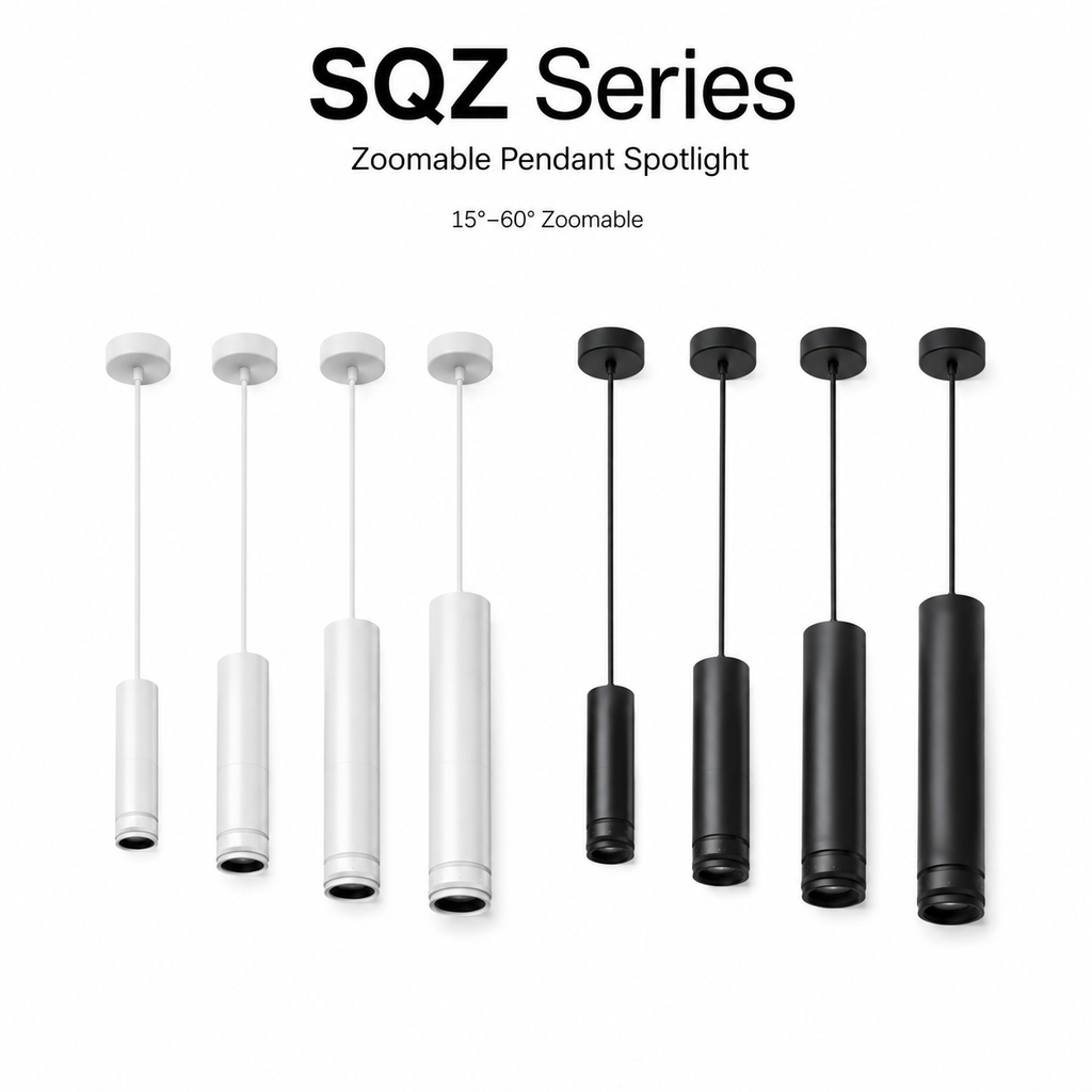 SQZ Series Zoomable Pendant Spotlight - 8 variants white small medium large xlarge and black small medium large xlarge on white background 15-60 degree zoomable beam