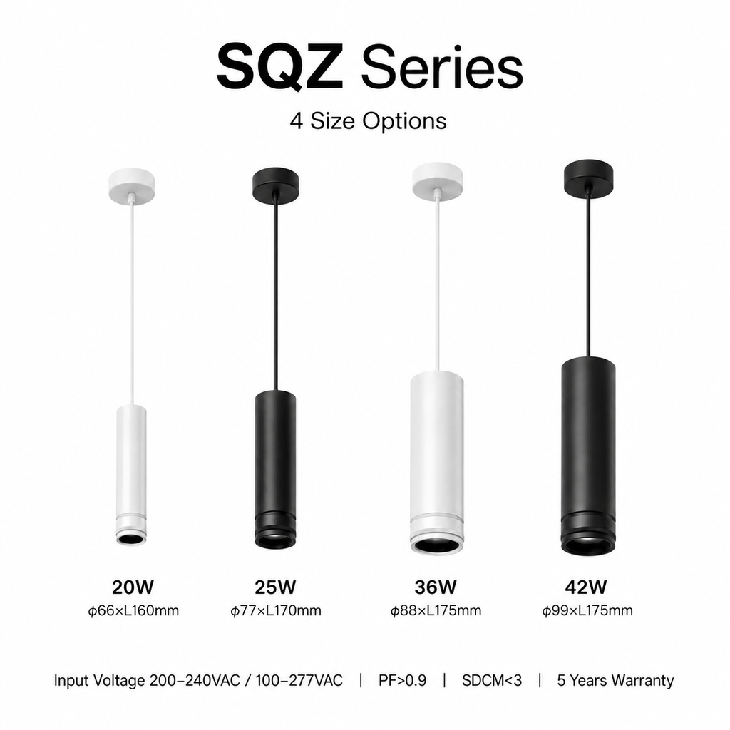 SQZ Series 4 Size Options - 20W phi66xL160mm white 25W phi77xL170mm black 36W phi88xL175mm white 42W phi99xL175mm black Input Voltage 200-240VAC 100-277VAC PF>0.9 SDCM<3 5 Years Warranty