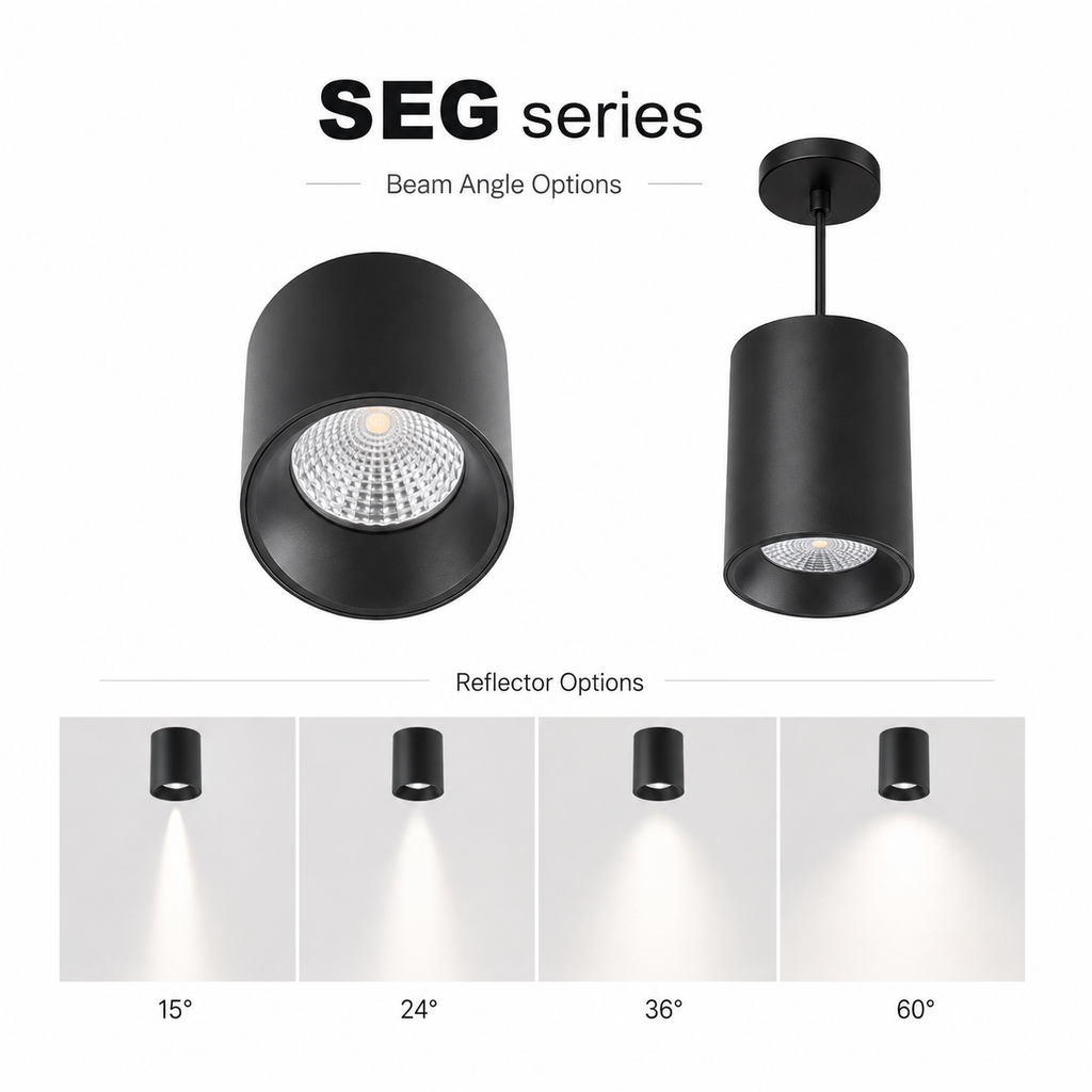 SEG Series Beam Angle Options - Reflector 15 24 36 60 degree beam pattern comparison black surface-mounted and pendant cylinder spotlight on white background