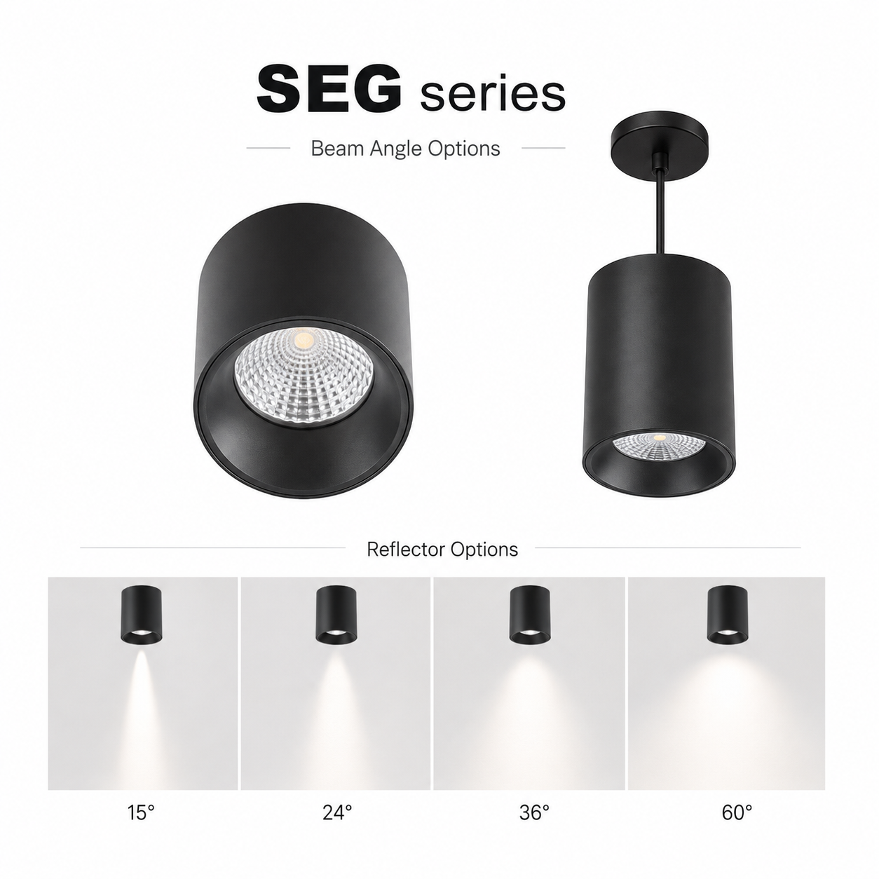 SEG Series Beam Angle Options - Reflector 15 24 36 60 degree beam pattern comparison black surface-mounted and pendant cylinder spotlight on white background