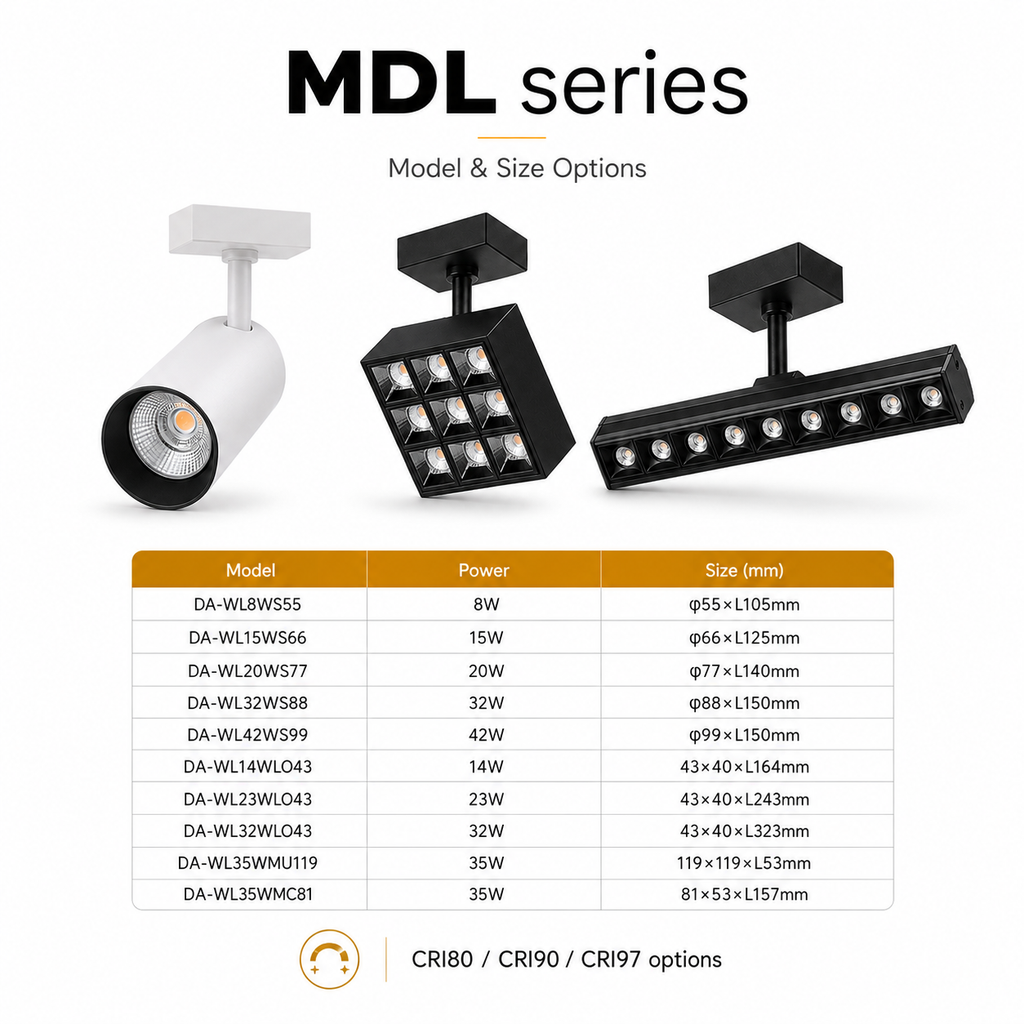 MDL Series Model and Size Options - DA-WL8WS55 8W phi55xL105mm DA-WL15WS66 15W DA-WL20WS77 20W DA-WL32WS88 32W DA-WL42WS99 42W DA-WL14WLO43 14W DA-WL23WLO43 23W DA-WL32WLO43 32W DA-WL35WMU119 35W DA-WL35WMC81 35W CRI80 CRI90 CRI97 options