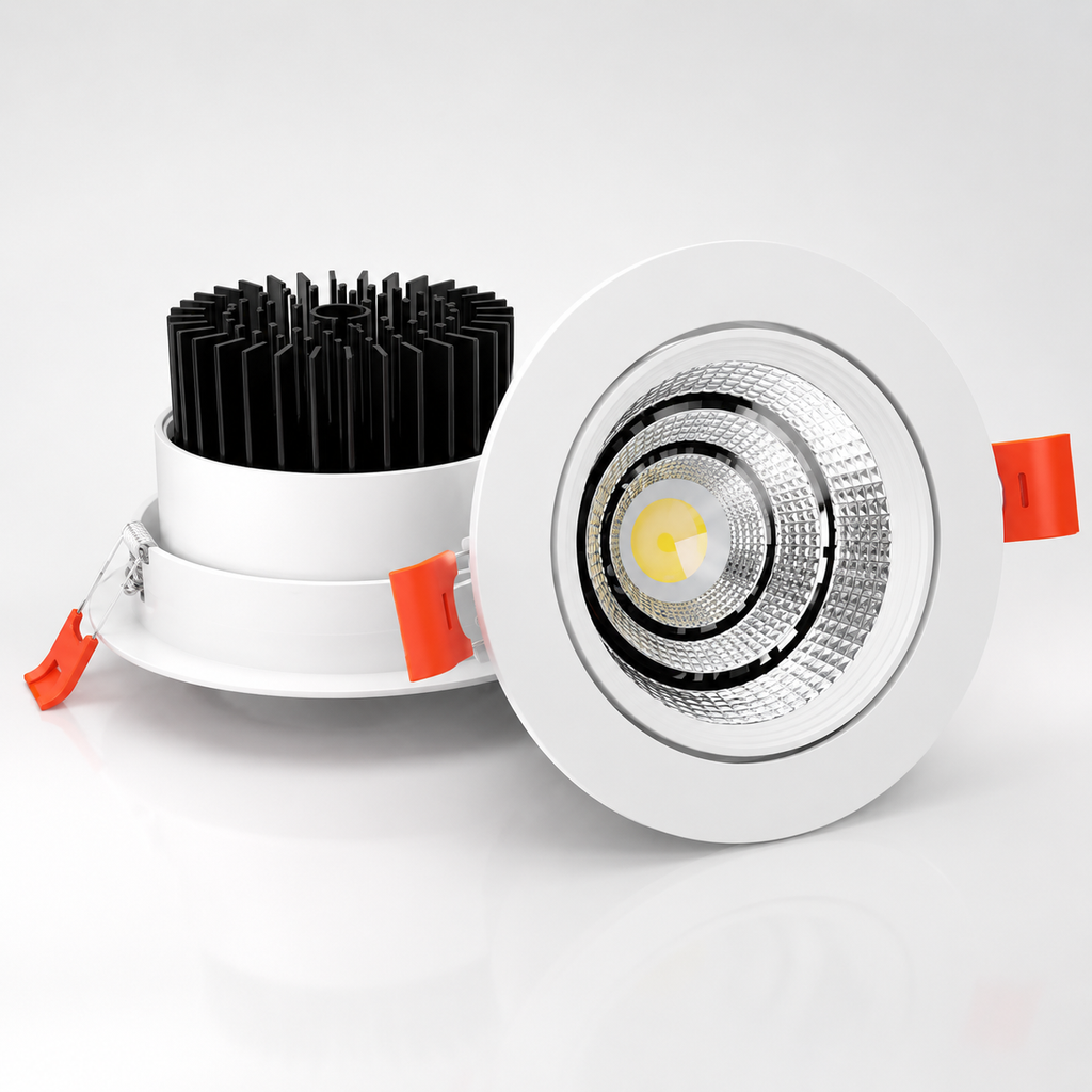 FDL Series COB anti-glare recessed downlight - white frame front and back view showing heat sink