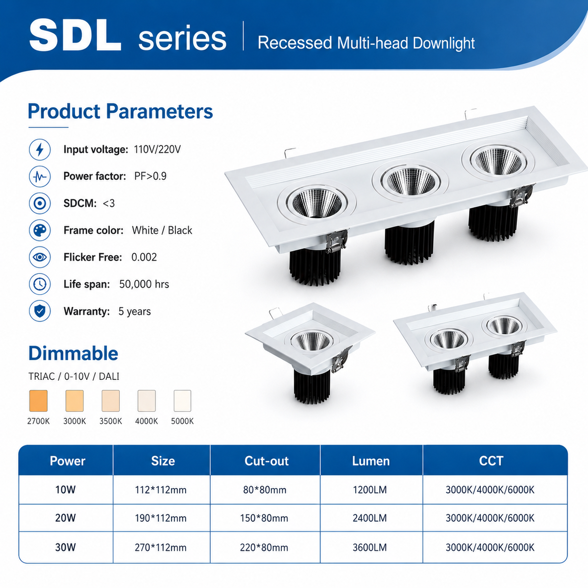 SDL Series product parameters - 110V/220V PF>0.9 SDCM<3 White/Black frame Flicker Free 0.002 50000hrs 5yr warranty TRIAC/0-10V/DALI 2700-5000K