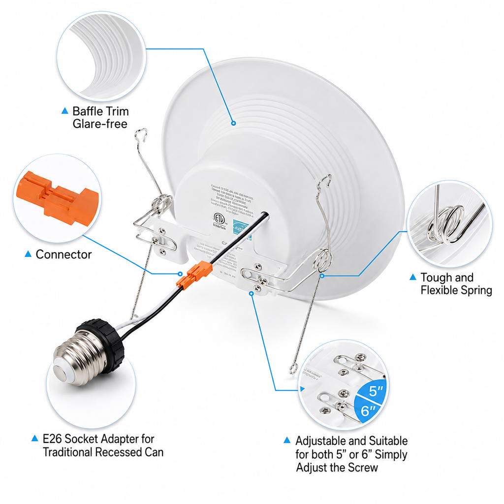 TDL Series - exploded view showing Baffle Trim Glare-free connector E26 Socket Adapter tough flexible spring adjustable 5 inch 6 inch screw