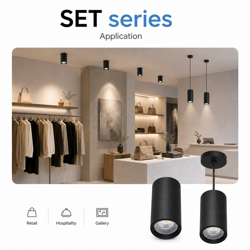 SET Series Application - luxury fashion retail store with black surface-mounted and pendant cylinder spotlights illuminating clothing and handbag displays Retail Hospitality Gallery