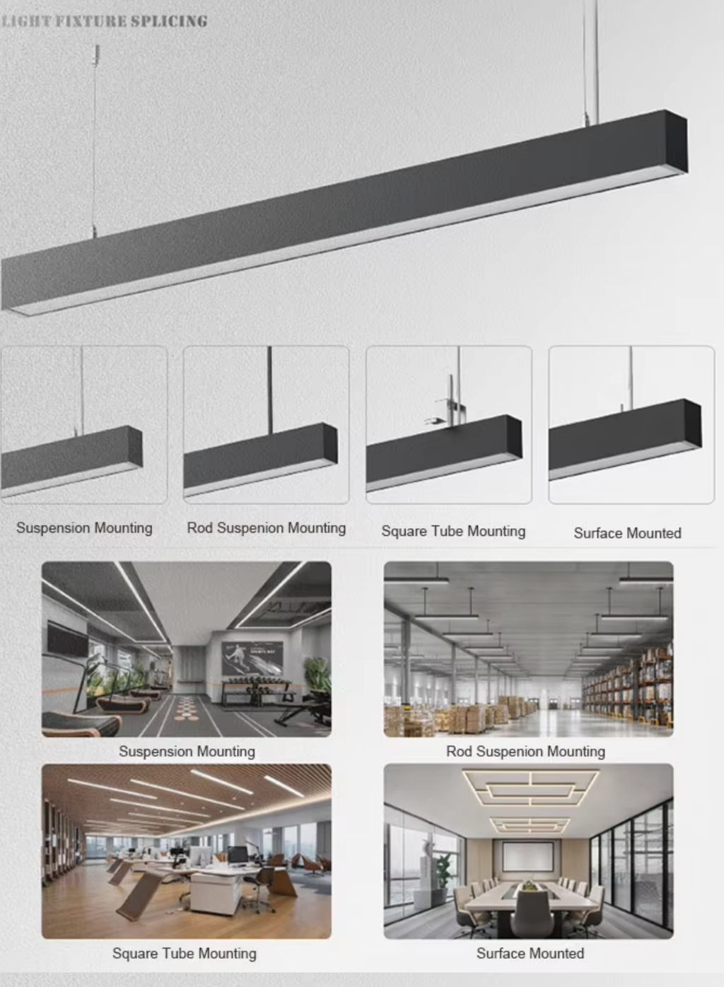 Modular Linear Light Splicing Installation - 4 mounting methods suspension rod suspension square tube surface mounted gym office open plan office meeting room boardroom application
