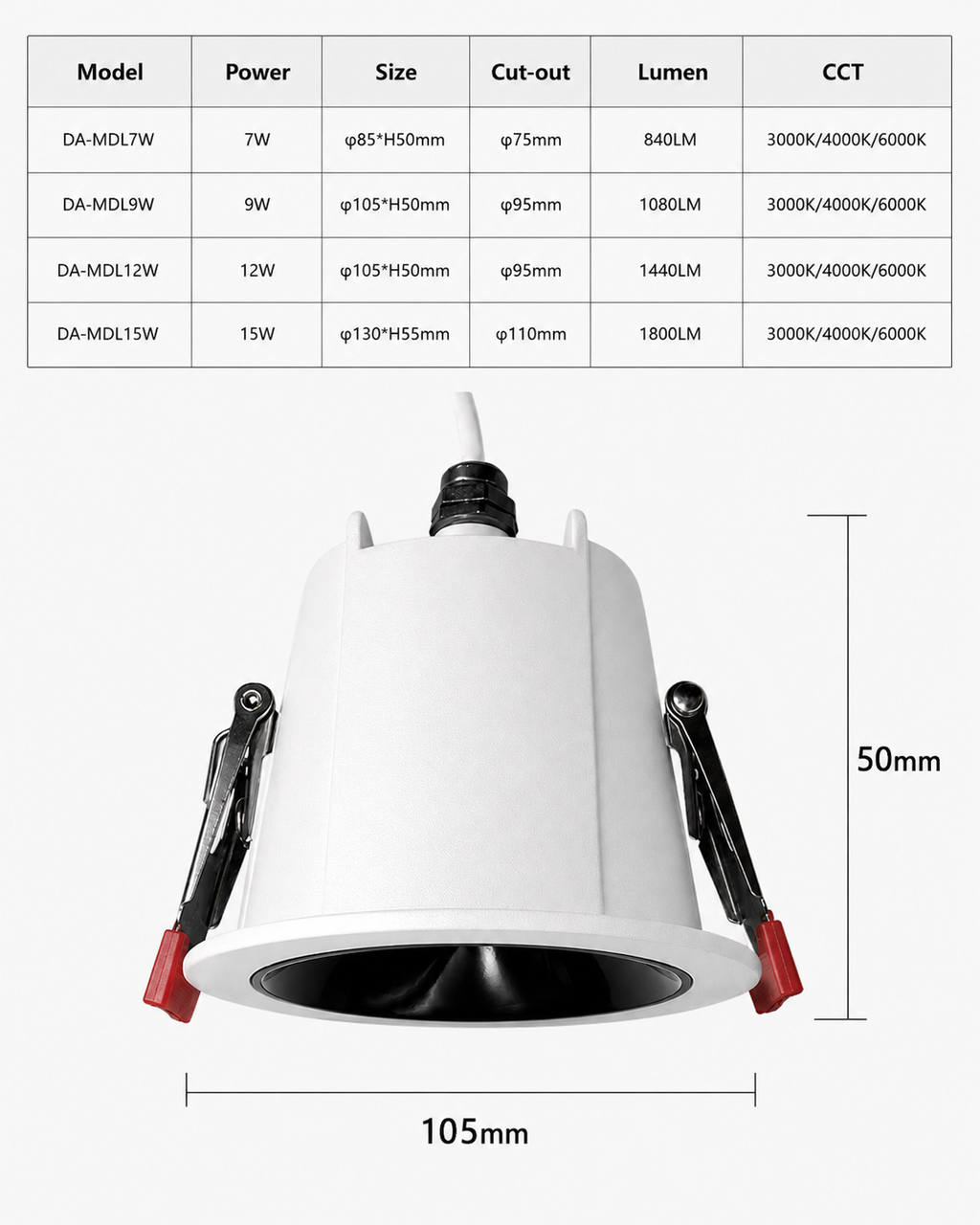 MDL Series - product specification table DA-MDL7W 9W 12W 15W with 105mm body 50mm depth dimension drawing