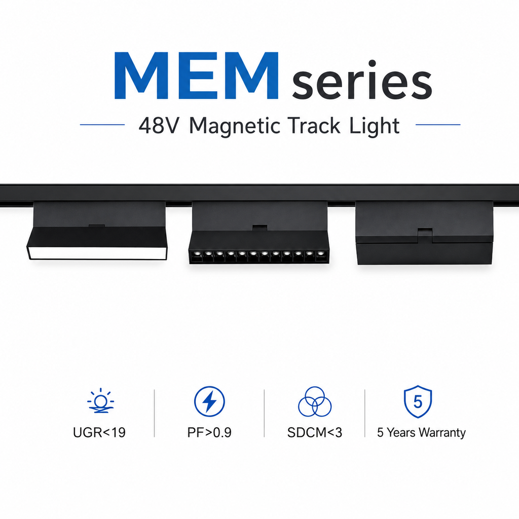 MEM Series 48V Magnetic Track Light - Three Module Types Linear Grille Flood on black magnetic track