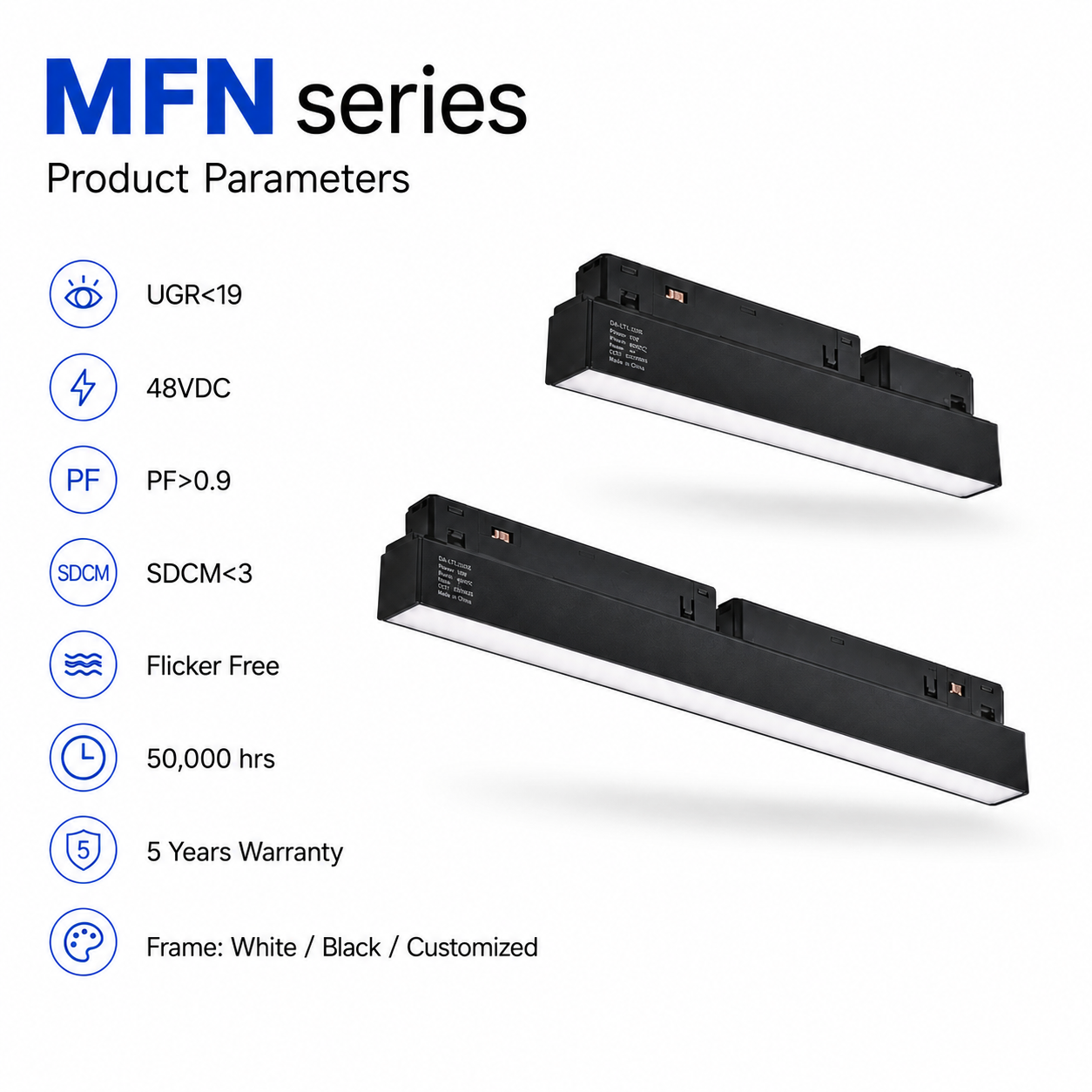 MFN Series Product Parameters - UGR<19 48VDC PF>0.9 SDCM<3 Flicker Free 50000hrs 5 Years Warranty Frame White Black Customized two sizes black body