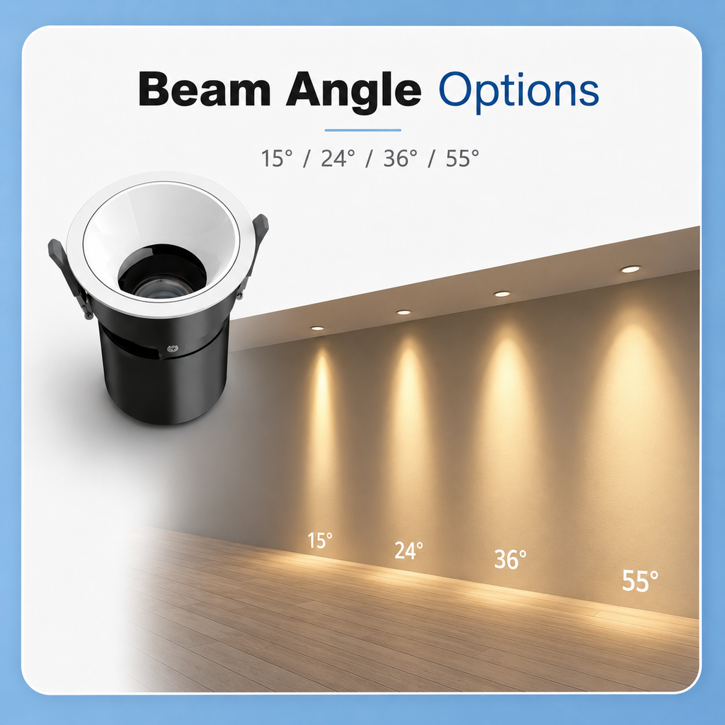 NDL Series Beam Angle Options 15 24 36 55 degrees wall wash effect comparison in corridor with warm white light