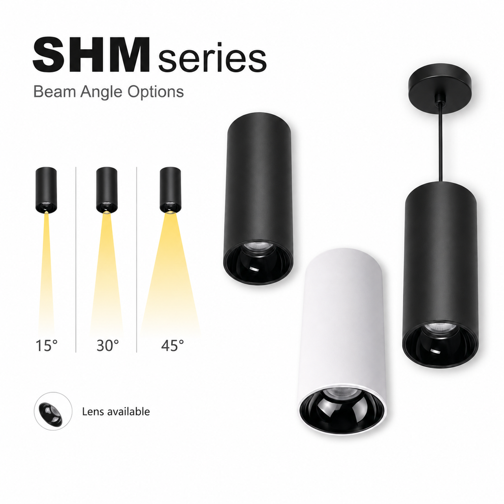 SHM Series Beam Angle Options - 15 degree 30 degree 45 degree Lens available black surface-mounted and black pendant cylinder spotlight beam pattern comparison