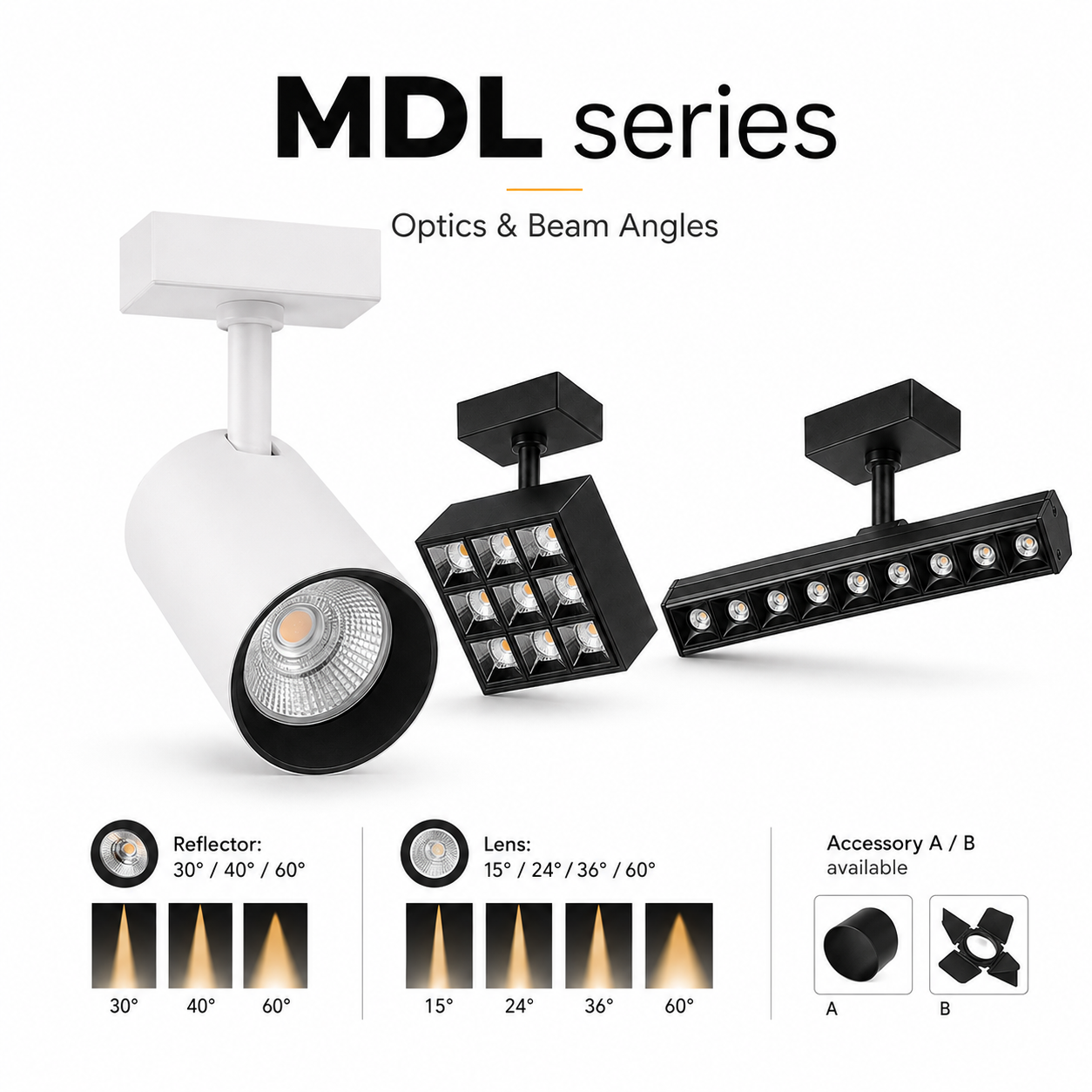 MDL Series Optics and Beam Angles - white cylinder spotlight black square grille black linear grille Reflector 30/40/60 degree Lens 15/24/36/60 degree Accessory A B available