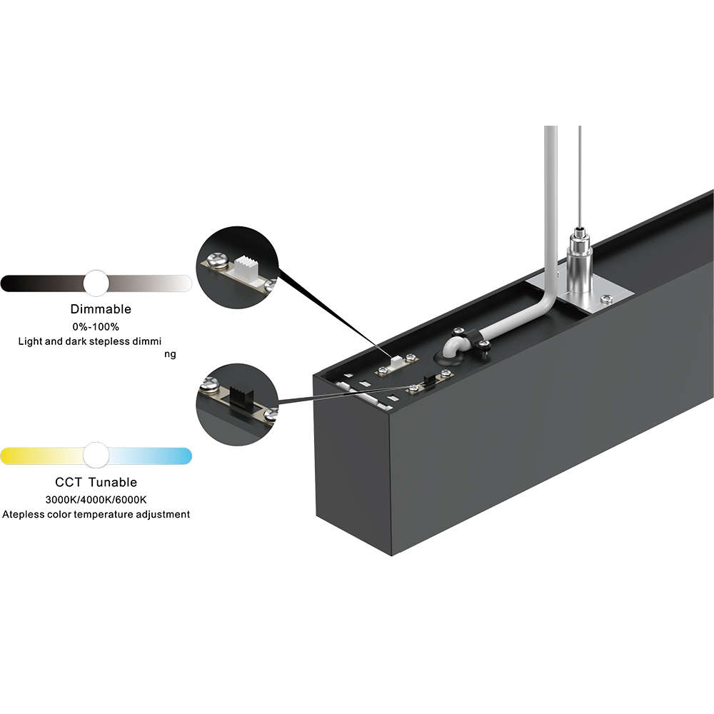 Modular Linear Light Dimmable CCT Tunable - 0-100% stepless dimming 3000K 4000K 6000K CCT tunable connector suspension wire black aluminum housing internal driver detail