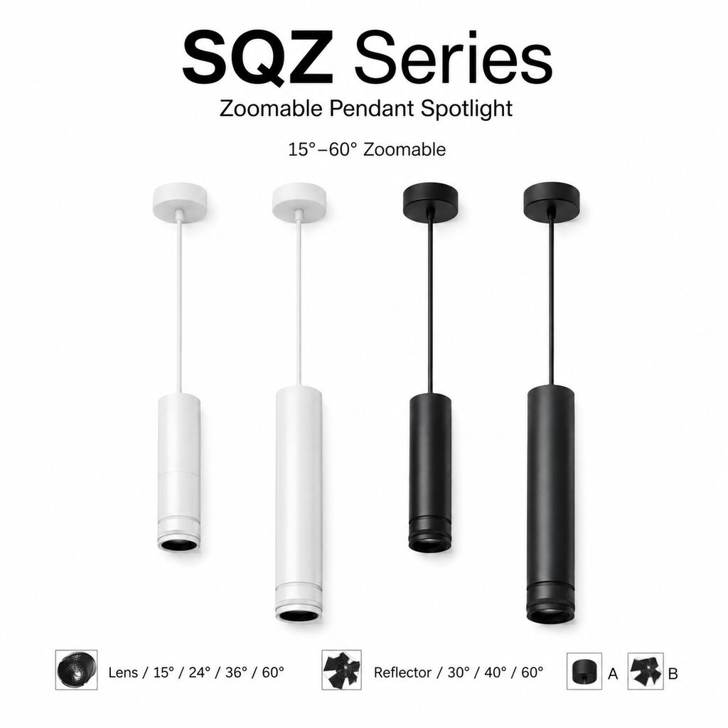 SQZ Series Optics and Installation - Lens 15/24/36/60 degree Reflector 30/40/60 degree Type A Type B installation white small and large black medium and large pendant cylinder